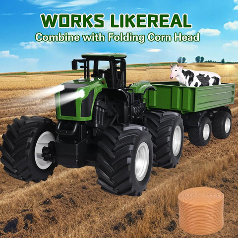 Remote Control Tractor Toy With RC Trailer 23.6 Inch 1/16 Scale Monster Truck in farm field with cow in trailer