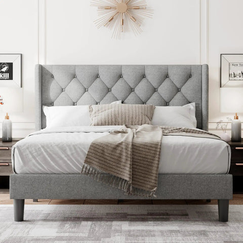 Super Solid Queen Bed Frame With Upholstered Wingback Headboard And Heavy Duty Wooden Slats Support, Noise Free Platform Bed With No Sweat Setup And Darn Good Build Quality, Light Gray, featuring tufted headboard and soft bedding.