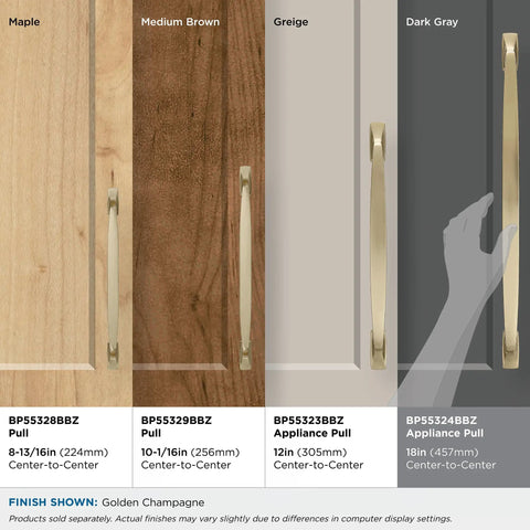 Beefy Golden Champagne Transitional Appliance Pull variations on different wood colors showing size and finish options