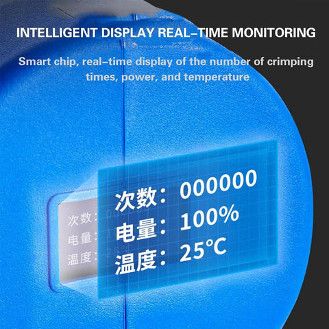 Intelligent display showing crimping times, power, and temperature on Super Heavy Duty Rechargeable Battery Operated Hydraulic Cable Cutters.