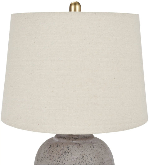 Rustic Farmhouse Ceramic Table Lamp With Beige Linen Shade, Gray Brown Earth Tones, Hand Finished Vintage Look close-up