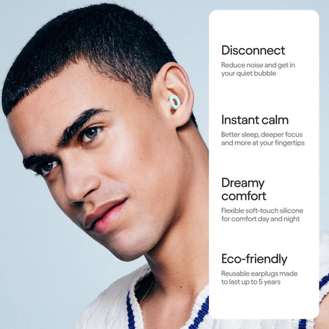 Reusable Silicone Ear Plugs For Snagging Shut Eye And Stress Relieving Road Trips Delivering Real 24Db Noise Reduction To Mute Background Chatter And Keep Your Chill While You Lock In Focus Anywhere You Roam, worn by person with short hair.