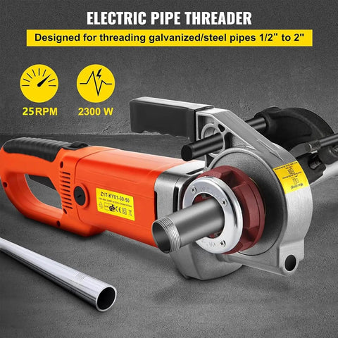 Dead Serious Pro Grade Electric Pipe Threader 2300W Copper Motor with steel pipe attachment for threading 1 to 2 inch pipes.