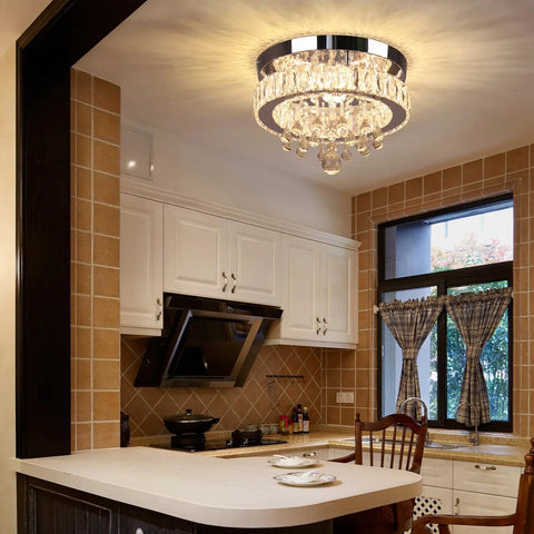 Small Crystal Chandelier LED Ceiling Light Flush Mount for Dining Room, 11.8 Inch 25W with Elegant Raindrop Design, Warm White Glow