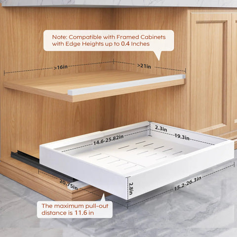 Four Pack White Pull Out Cabinet Organizers 21 Inch Deep Roll Out Shelves with dimensions for fit in cabinets.