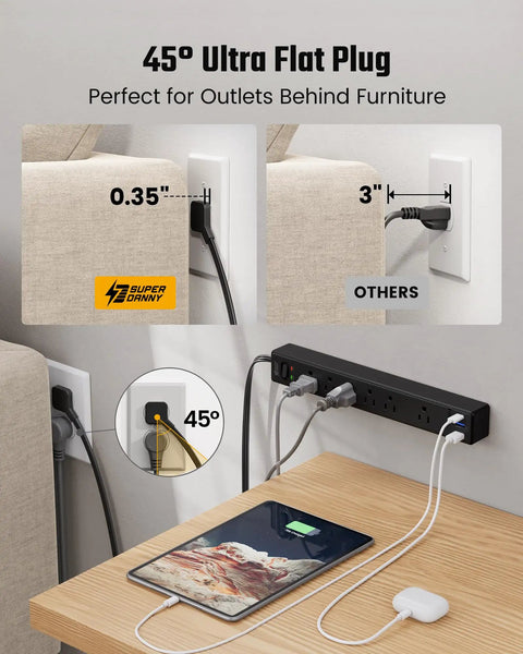 Power Strip With Nine Point Eight Foot Extension Cord And Surge Protector 5 Outlets 3 USB Ports Auto Smart Charging white