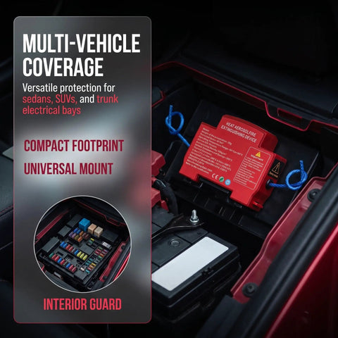 Reliable Auto Aerosol Fire Extinguisher placed in car interior for emergency use, compact design for various vehicle types.