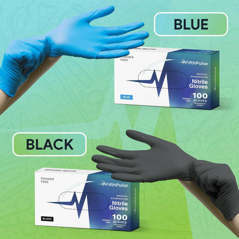 Two FifthPulse nitrile glove boxes displaying blue and black gloves, 100 gloves per box