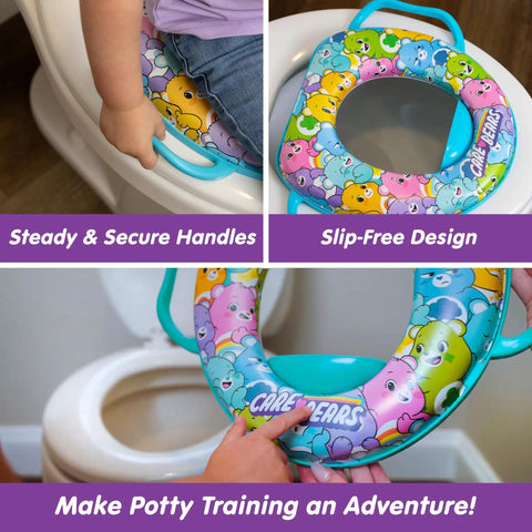 Chill Comfy Toddler Potty Training Seat With Ultra Thick Cushion And Non Slip Toilet Pad Featuring Rock Solid Grip Handles Plus Quick Release Storage Hook For No Sweat Potty Routine on a toilet with secure handles