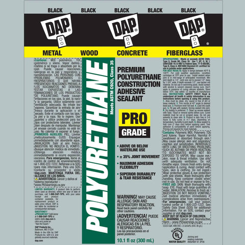 Polyurethane Premium Construction Adhesive Sealant In Black 10.1 Oz packaging with product details and usage instructions.
