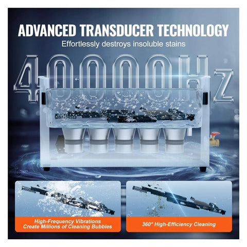 Professional 10L Ultrasonic Cleaner 300W 40kHz With Timer & Heater, displaying advanced transducer technology in action.