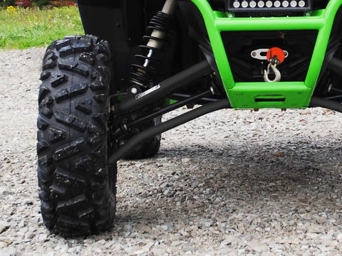 1.5 Inch Black Forward Offset A-Arms For Polaris RZR XP 900 And XP 4 900 Fit Up To 30 Inch Tires 1.25 Inch Tubing 25 Percent Larger Than Stock UV Resistant Powder Coat Finish Includes Extended Tie Rod Ends Steering Stop Kit Full Camber Adjustability, front suspension