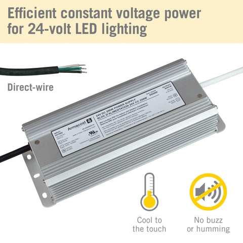 200W 24V DC LED Power Supply with Silver Finish, microprocessor dimming control, labeled wiring and cooling features shown