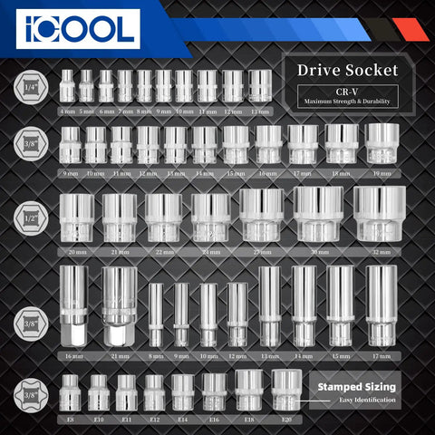 Assorted CR-V sockets of Workhorse 121 Piece Drive Socket Set With 1/4 Inch 3/8 Inch 1/2 Inch Sockets for home or auto maintenance.