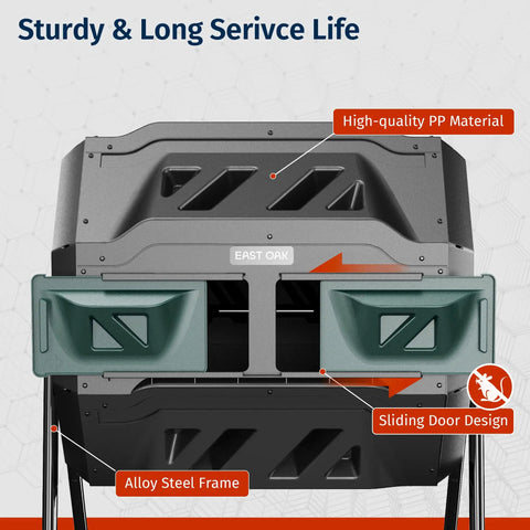 Dual Chamber Compost Bin With Two Sliding Doors And Aeration System, 43 Gallon Tumbling Rotating Composter for garden and yard.