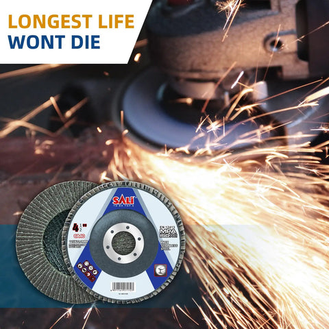 Forty-Eight Pack Flap Discs With 40 Grit For 4.5 Inch Diameter And Seven Eighths Inch Arbor Bevel Type 29 Industrial Grade Zirconia Abrasive used on angle grinder