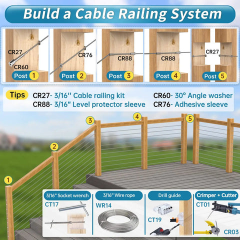 Instructional guide for building a cable railing system with 330ft three sixteenth inch stainless steel wire rope for decking.