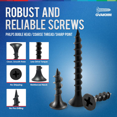 400-Piece Drywall Screw Set With 9 Sizes From 5/8 To 3 Inch Wood Screws, Coarse Thread, Self Tapping, Black Coated Finish, In A Clear Plastic Case For Easy Size Identification, Ideal For Sheetrock Cabinets Furniture And More, features Philips bugle head and sharp points.