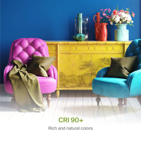 Colorful living room with bright purple and blue chairs, showcasing CRI 90+ lighting, highlighting vibrant decor colors on LED disk lights.