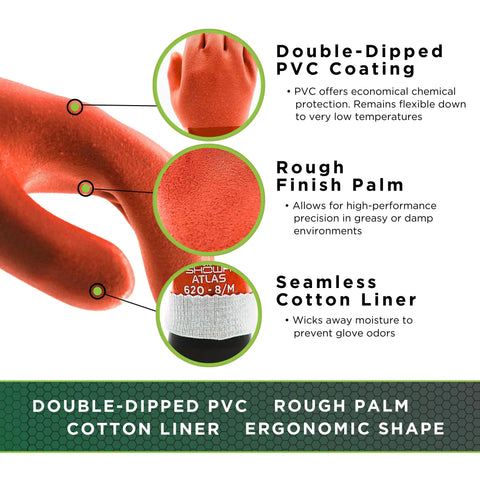 Atlas 620 Double-Dipped PVC Chemical Resistant Gloves With Rough Grip, Seamless Cotton Liner, 12 Inch, Latex Free, Orange, Size Small