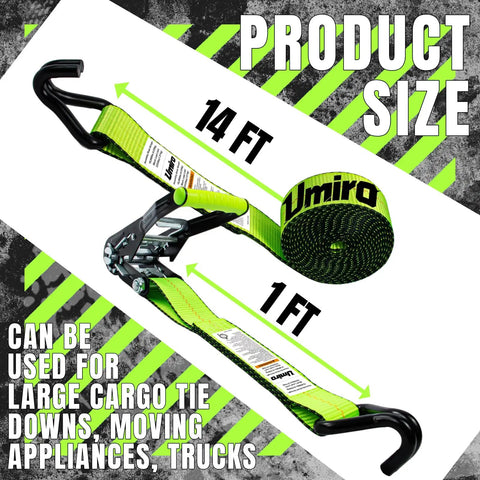 Killer Heavy Duty Ratchet Straps With J Hooks Two Inch By Fifteen Foot Ten Thousand Pound Breaking Strength Tie Down Cargo Straps For Truck Trailer Moving Fluorescent Green Four Pack, showing size measurements.