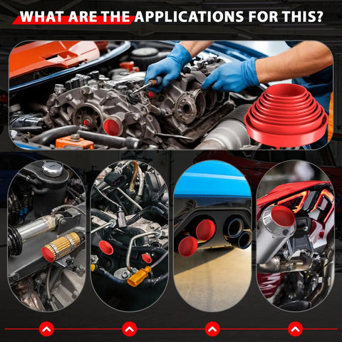 Red 23 Piece Automotive Cap Plugs Kit For Smoke Machine Leak Testing And Pipeline Sealing Compatible With Smoke Detectors shown in use on various automotive parts.