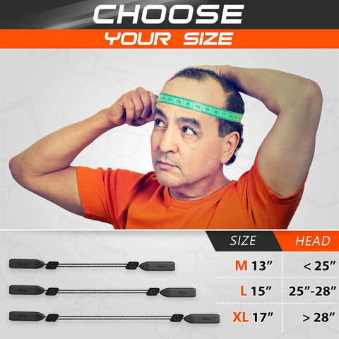 Man measuring head with tape for Adjustable Glasses Strap Set 3 Pack Eyewear Lanyard Holders No Tail Design Invisible On Head Or Neck