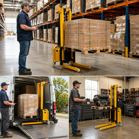 Heavy Duty Electric Pallet Lift Stacker With Remote Controlled Height Tweaking And Wide Forks for easy 660 lb load handling in warehouse.
