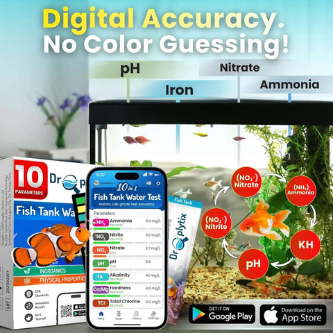App Enabled Digital Aquarium Water Test Kit 10 In 1 For Freshwater And Saltwater Tanks with mobile app display next to tank.