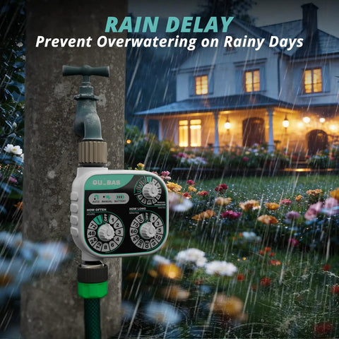 Mechanical Dial Hose Timer With Rain Delay And Auto Manual Modes For Drip Irrigation Pool And Lawn attached to garden faucet.