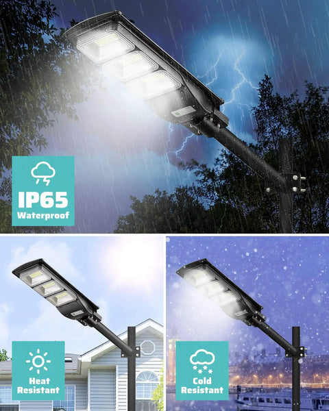 Ultra Bright Solar Street Light for Outdoor Security with IP65 waterproof, shown in various weather conditions on poles.