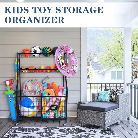 Garage Ball Storage Organizer With Rolling Cart And 2 Large Bins, Wire Mesh Basket And Tier Ball Rack on patio with toys