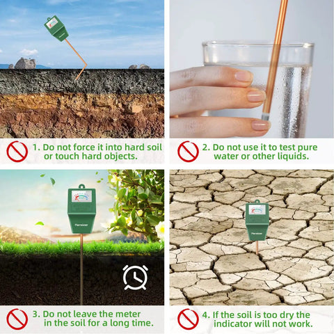 All In One Soil Moisture And pH Meter Kit for Garden Farm and Lawn Care instructions on not forcing into hard soil or dry testing.