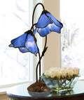 Poelking 2-Light Blue Lily Table Lamp In Dark Antique Bronze Finish, Dual Shimmery Blue Glass Lily Accents With Curved Metal Stems