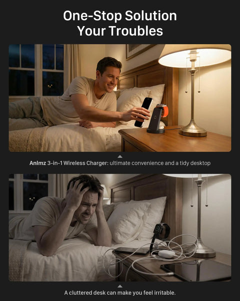 Man using 3 In 1 Wireless Charging Station for iPhone Apple Watch and AirPods, tidy desk with lamp, nightstand scene