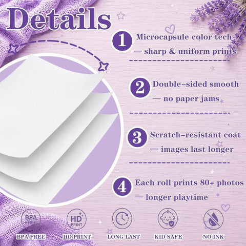 12 Rolls Kids Camera Instant Print Thermal Paper Refill 2.2In x 19.7Ft HD Photo Paper Safe BPA Free For Instant Print Cameras 80 Plus Photos Per Roll on white thermal paper sheet details