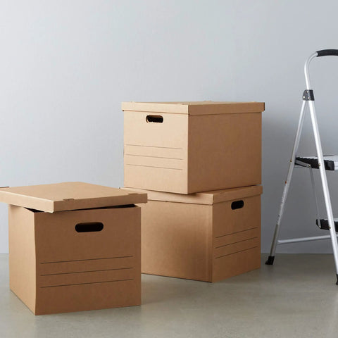 Straight Up Reliable Medium Packing Boxes With No Drama Lift Off Lids And Double Bottom Corrugated Cardboard Storage Containers For Chill Moving Days Pack Of Ten stacked with open lid and handles.