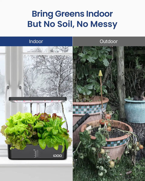Indoor Hydroponics Grow Kit With 12 Pods, LED Grow Light And Built In Fan next to outdoor soil garden, shown by window.