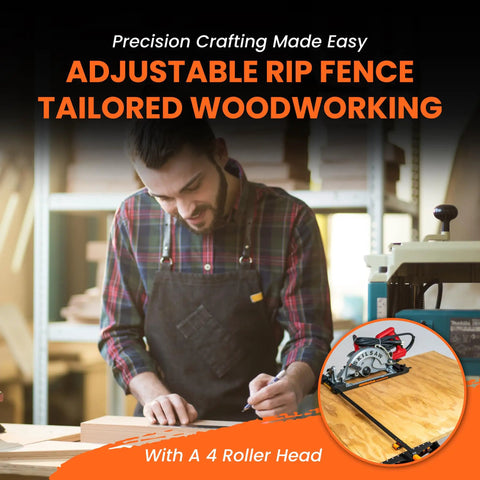 Woodworker using rolling circular saw guide with adjustable rip fence for smooth cuts on wooden board