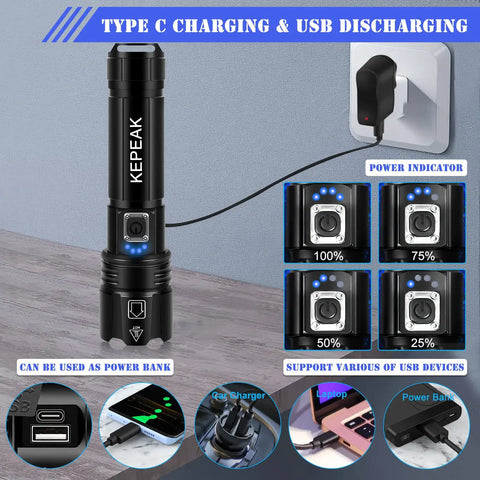 5 Modes 1000 Lumen Beast Mode Tactical LED Flashlight With IPX5 Water Resistance Floodlight Or Spotlight Beam, charging view.
