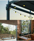 Outdoor patio with string lights, a wooden swing on a porch, and a hanging indoor plant shelf.