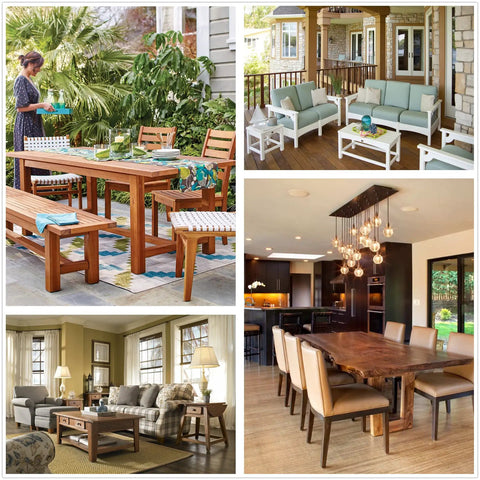 Collage of various furniture setups with tables, chairs, and benches in indoor and outdoor settings.