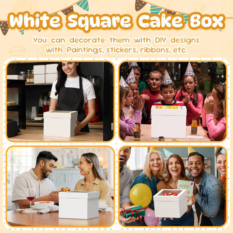 3 Pack Tall Cake Boxes With Clear Window 10x10x8 Inch Bakery Containers Including Thick Cardboard Boards Plus Decorative Stickers, used for festive celebrations.