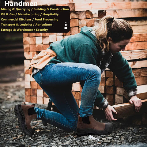 Soft Toe Waterproof Slip On Work Boots For Men With Wide Toe Box in action on tough job sites, woman stacking lumber, showcasing durability