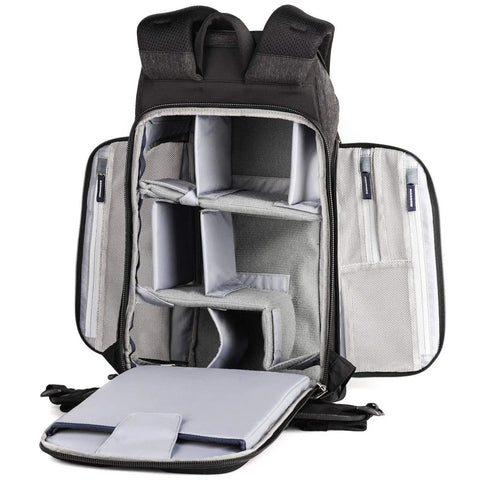 Urban Access 13 Side Loading Camera Backpack with customizable dividers and quick access side panels open view