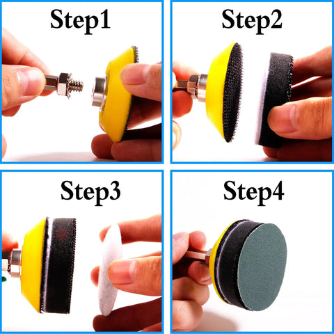 Step-by-step assembly of 3 Inch Wet And Dry Sanding Discs With Hook And Loop Backing Silicon Carbide Sanding Pads For Drill 1 Quarter Inch Shank