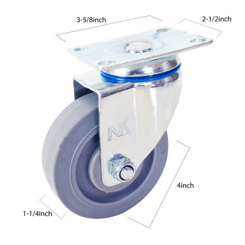 Four Inch Swivel Caster With Non Marking Soft Gray TPR Wheel Ball Bearing Total Lock Brake Heavy Duty Plate for easy movement.