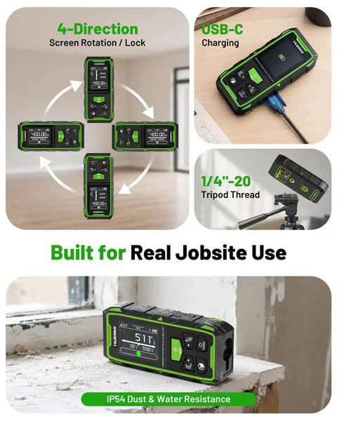 Nailing Every Job With This Upgraded Dual Laser Distance Meter Brings 395 Foot Range And Blazing Green Beams For Rock Solid 1/16 Inch Readings Plus Smooth Phone App Pairing, showing USB-C charging and tripod thread.