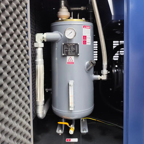 Heavy Duty 50 HP Rotary Screw Air Compressor Pump With Massive 219 CFM Flow Rate And 125 PSI Max Pressure showing pressure tank and fittings.
