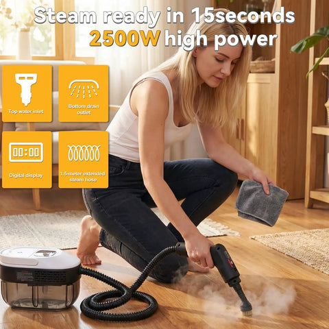 Woman using 2500W Portable Handheld Steam Cleaner Delivers Powerful 160C Hot Steam In Just 15 Seconds on hardwood floor.